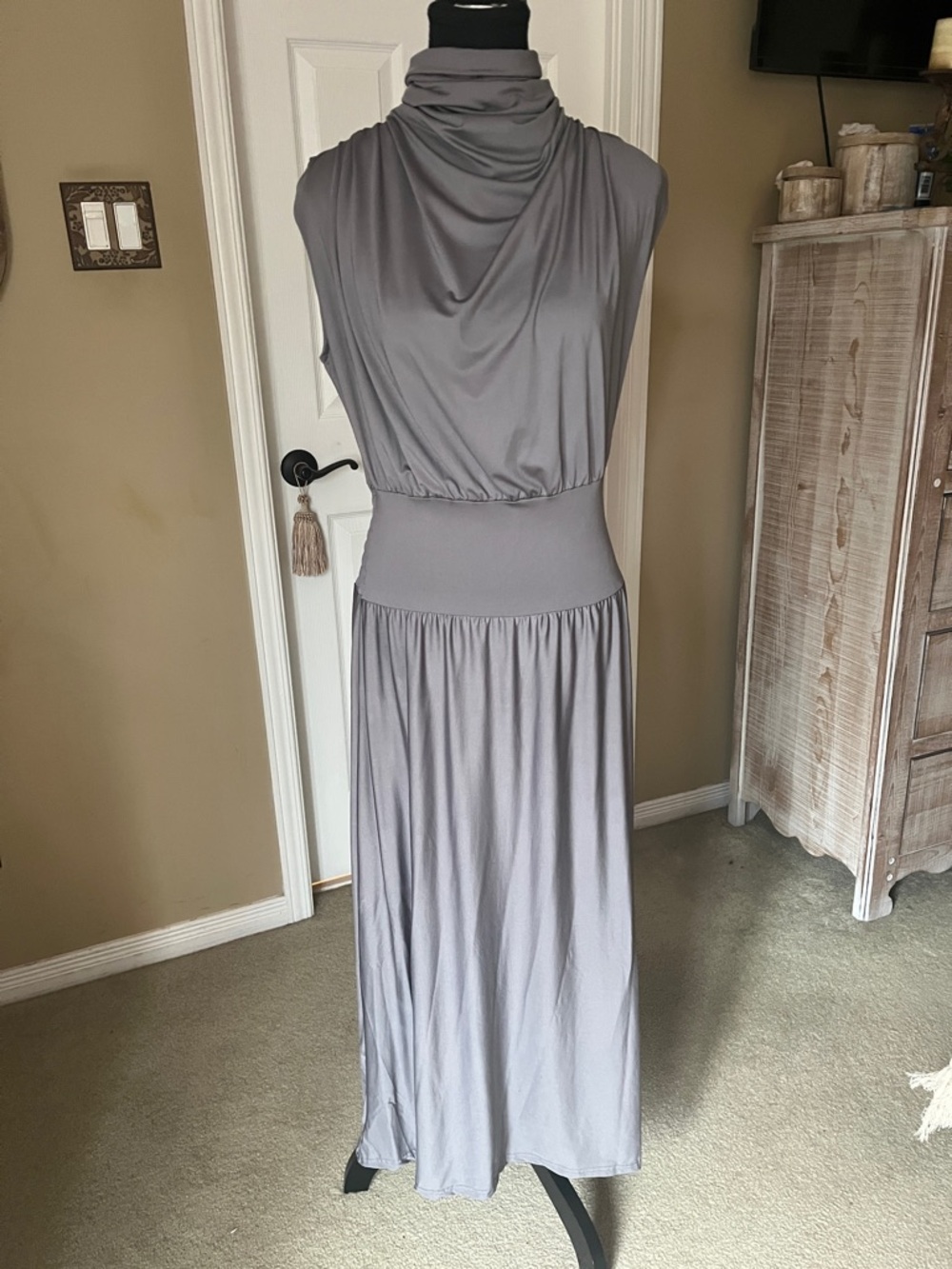 Source Unknown Sleeveless Gray Maxi Dress with Draped Cowl Neck